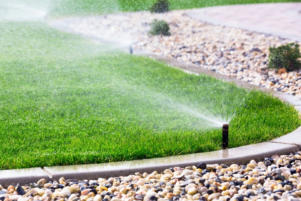 Automatic sprinkler system watering lawn.