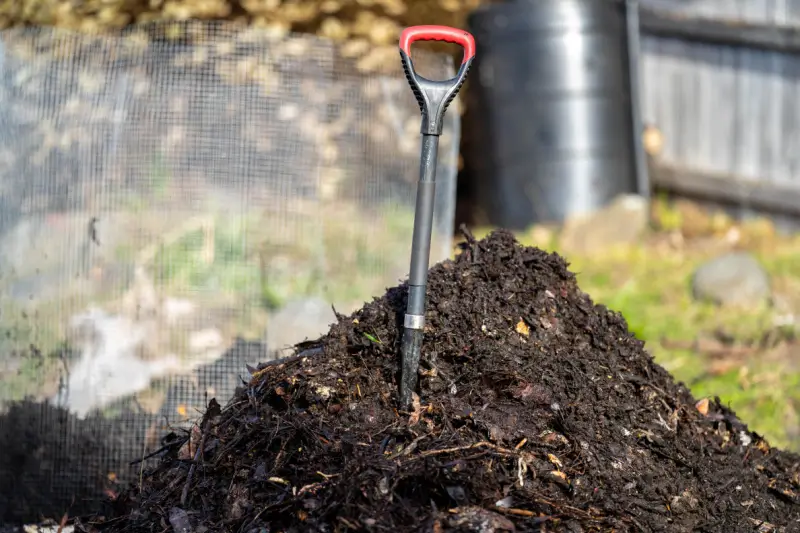 Shovel in compost pile