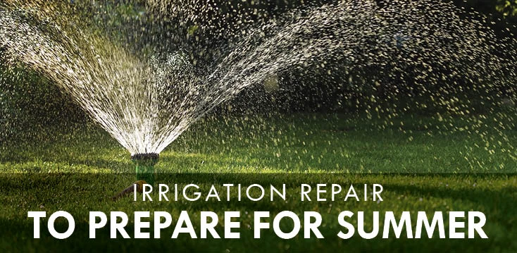 Sprinkler with text: "Irrigation repair: to prepare for summer"