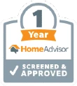 HomeAdvisor one years screened and approved badge.