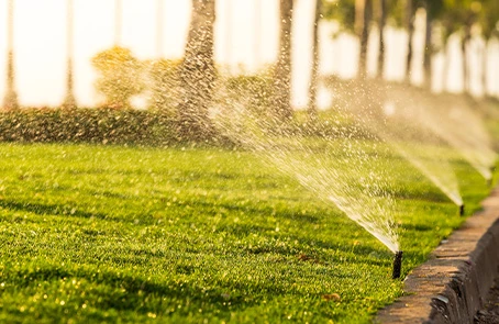 Sprinkler heads spraying water on lush green lawn.