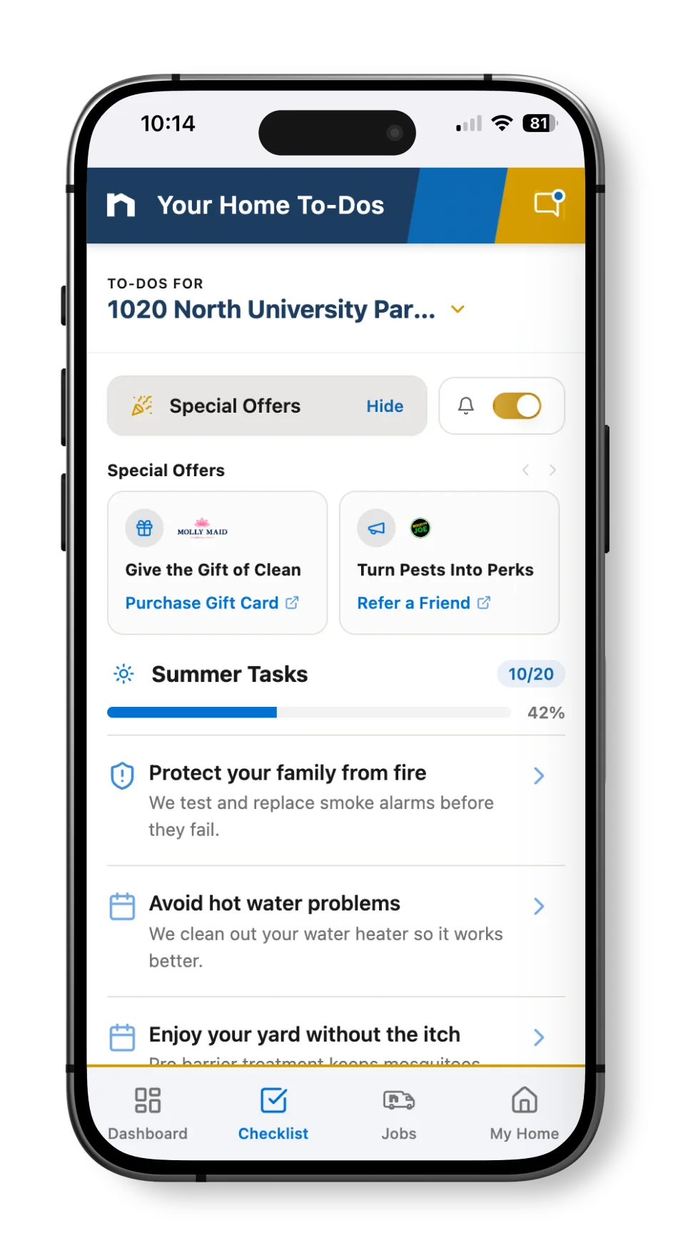 The Neighborly app offers and coupons displayed on a smartphone screen, as well as a summer task list and progress bar.
