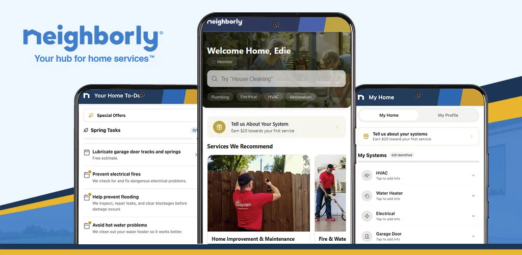 Three smartphones displaying different views within the Neighborly app, such as a spring task list, services recommended by Neighborly, and a list of the customer's home systems.
