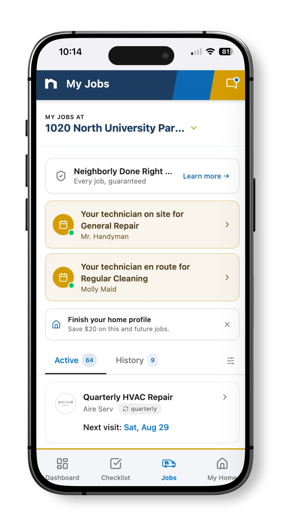 A view of the Neighborly app on a smartphone displaying job updates from Mr. Handyman and Molly Maid jobs in progress.