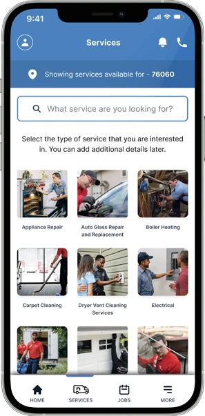 A mobile phone displaying the results of a search in the Neighborly app for home services.