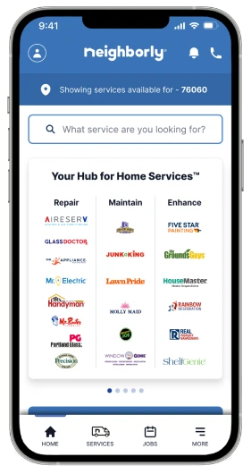 Neighborly brand logos displayed in the Neighborly app on a smartphone screen.