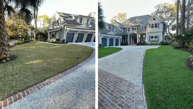 At left, a residential front yard with pale green grass; at right, the same yard after grass painting, with bright green grass.