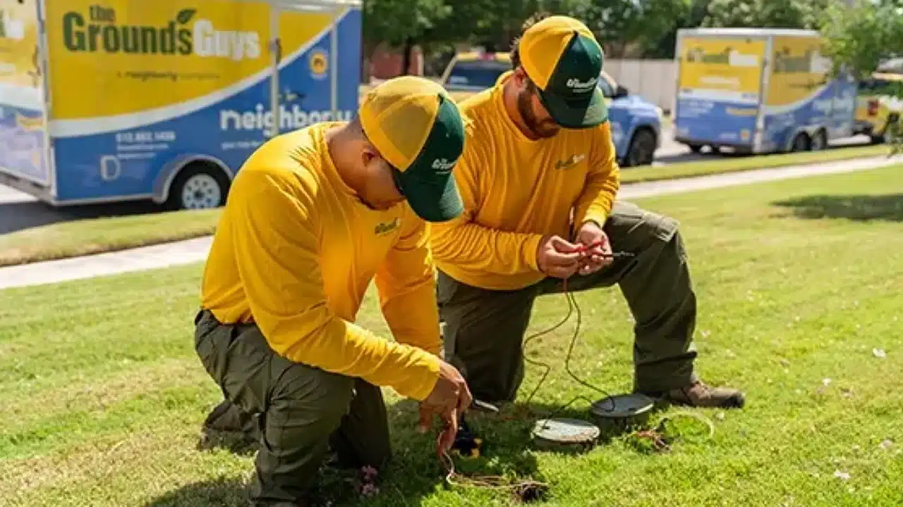 Two Grounds Guys service professionals installing a sprinkler system in a customer's front lawn, with branded company vans behind them.