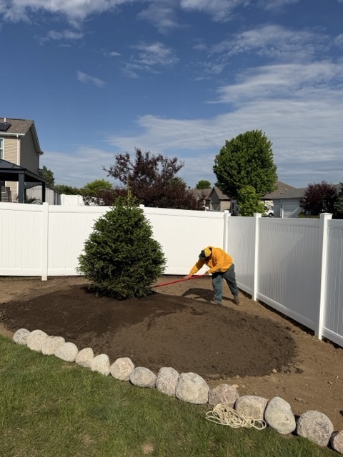Landscape crew member grading soil around a newly installed evergreen tree in a backyard landscape project in McHenry, IL.