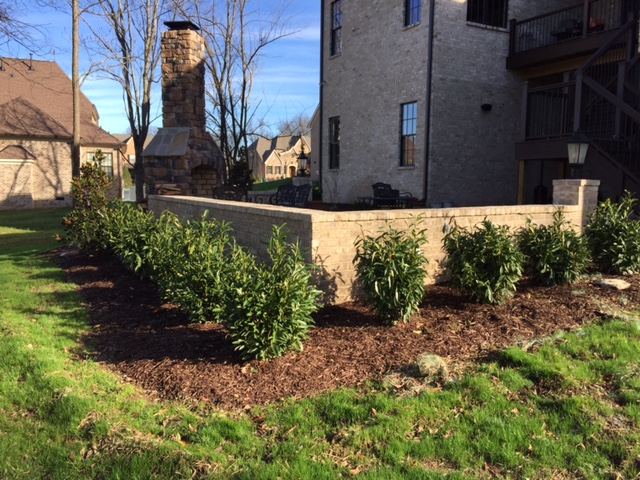 Shrubbery and mulch lining stone wall