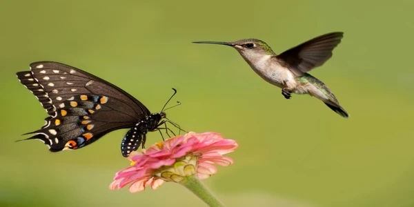 hummingbird and butterfly flying near a flower