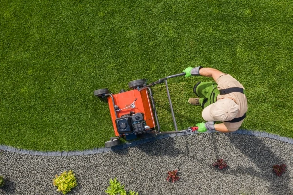Aerial view of person aerating lawn.