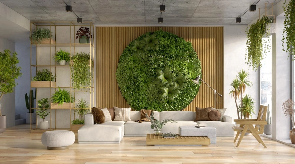 Vertical plant wall behind couch in a living room