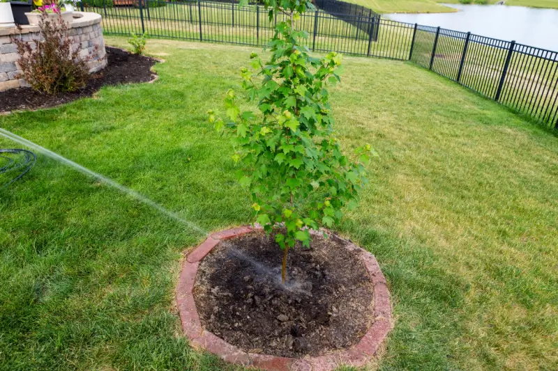 Newly planted maple tree being watered by a hose
