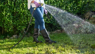 Person watering lawn with hose