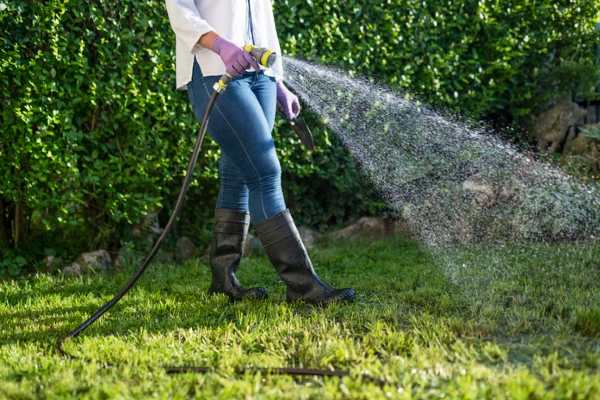 person watering lawn with hose