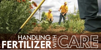 The Grounds Guys employees with text: "Handing fertilizer with care"