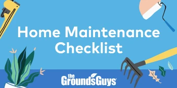 Landscaping graphic with text: "Home maintenance checklist"