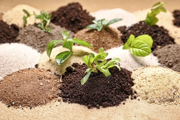 different types of soil with sprouts growing out of them