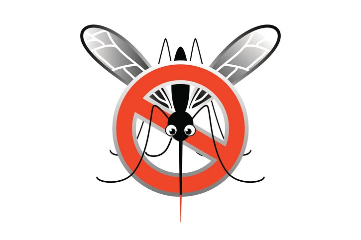 mosquito cartoon with red circle and slash through it