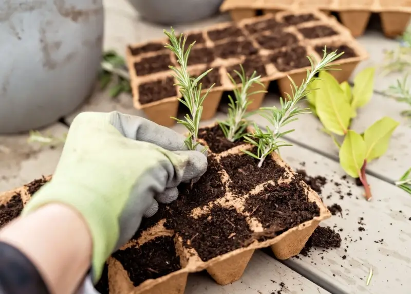 Person propagating small rosemary plants in peat moss.