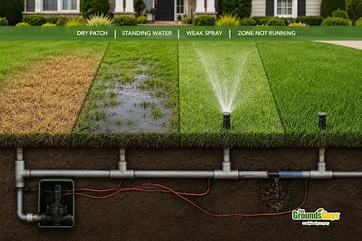 A cross-section infographic showing common irrigation symptoms including a dry patch, standing water, weak sprinkler spray, and a zone not running alongside an underground irrigation system.