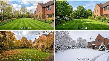 A four-panel grid showing a brick house and lawn in Spring, Summer, Autumn, and Winter seasons.