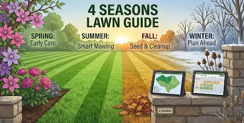 Lawn progression through four seasonal transitions from spring green-up to winter snow cover.