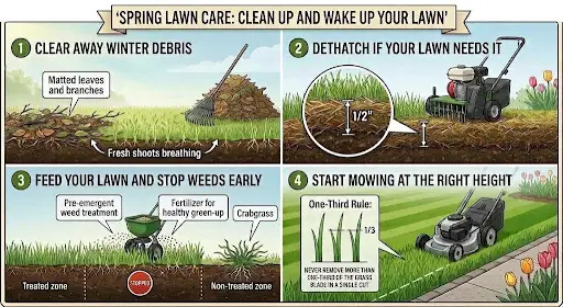 Infographic showing 4 spring lawn care steps: clean debris, dethatch, fertilize/weed control, and proper mowing height.