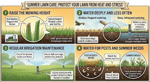 Infographic of 4 summer lawn care steps: raise mower height, water deeply/rarely, check irrigation, watch for pests.