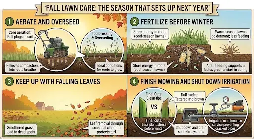 Fall lawn care infographic: Aerate/overseed, fertilize, leaf removal, final mowing and irrigation shutdown.
