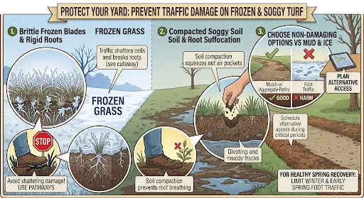 Lawn health infographic showing damage to frozen and soggy turf, root suffocation, and tips for healthy spring recovery.