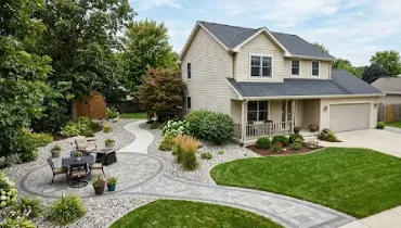 A large home with side yard featuring patio pavers, gravel pathways, and poured concrete hardscaping.