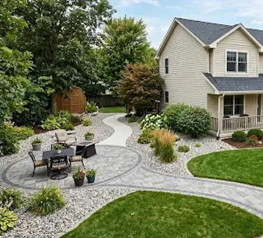 A large home with side yard featuring patio pavers, gravel pathways, and poured concrete hardscaping.