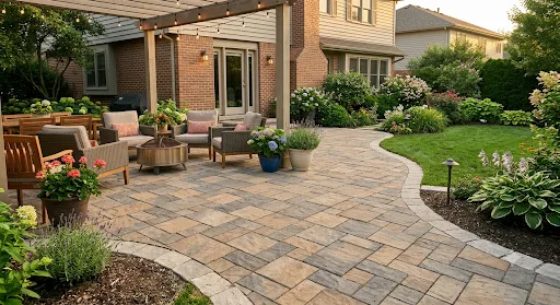 Multitone paver patio and curved walkway with outdoor seating, a fire pit, and a pergola.