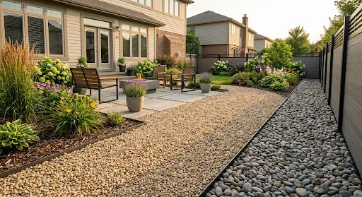 Pea gravel and river rock used as ground cover around a landscaped patio.