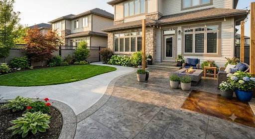 Textured concrete patio with a stamped pattern, smooth walkway, and fire pit area.
