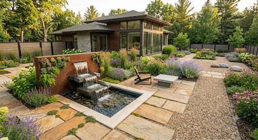 A backyard hardscape combining large-format tan pavers, gravel walkways, and poured concrete around a water feature.