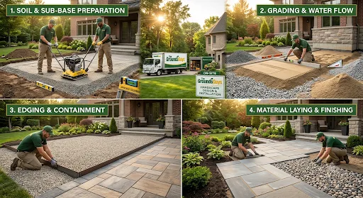 An infographic illustrating the four stages of professional hardscape installation by The Grounds Guys. Panel 1: Soil & Sub-Base Preparation with crew using a compactor. Panel 2: Grading & Water Flow with crew using a level. Panel 3: Edging & Containment with crew installing gravel and pavers. Panel 4: Material Laying & Finishing with crew setting pavers and river stones. This image was created with generative AI.