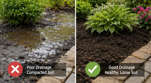 Comparing poor drainage conditions with healthy landscape soil before flower installation.