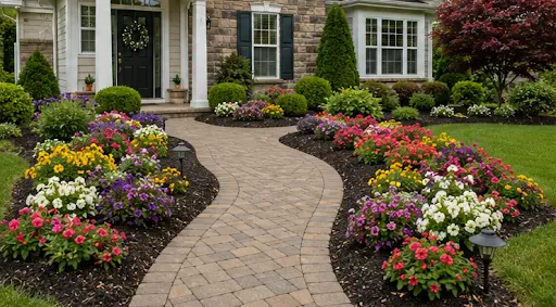 Seasonal flower installation integrated into a front yard landscape design.