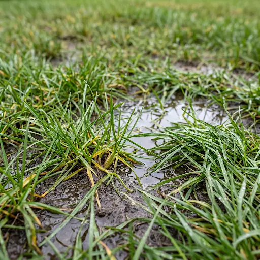 A residential lawn with a visibly waterlogged section, including dark, saturated grass surrounded by drier turf, with a small area of standing water catching afternoon light.