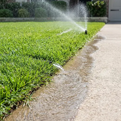 Water streaming off the edge of a green residential lawn and pooling on a concrete driveway, with a sprinkler head visible in the background still running.
