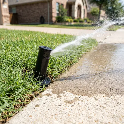 A close-up of a pop-up sprinkler head tilted at an angle in a lawn, spraying water sideways across turf rather than upward in the intended arc.