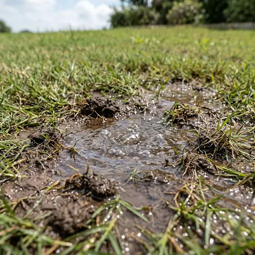 Water slowly seeping up from the ground near a lawn surface, with damp soil and a small pool forming around the area during a watering cycle.