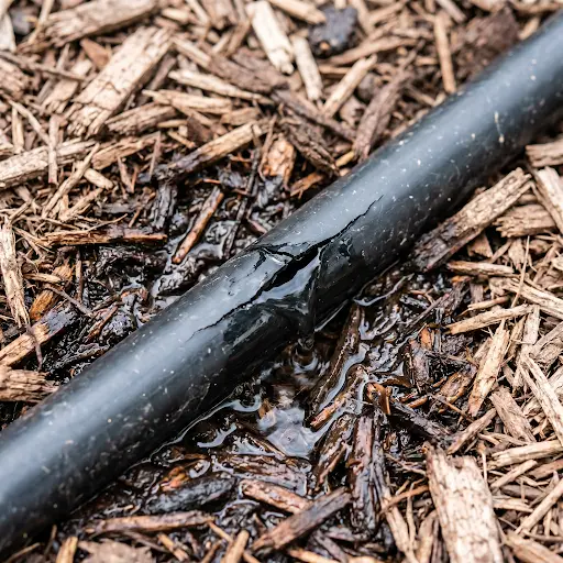 A cracked black drip irrigation tube lying in dark mulch, with a visible split along the line and dry soil visible beneath.