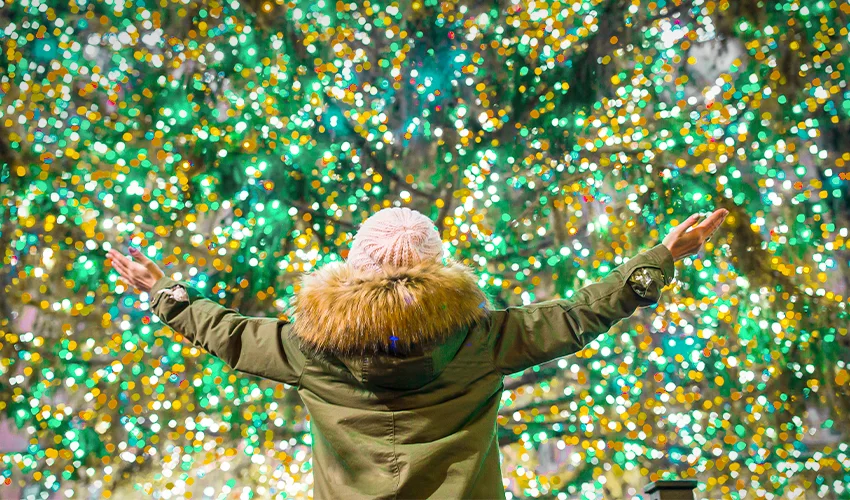 woman admiring Christmas light display