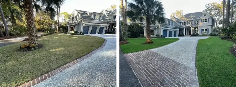 At left, a residential front yard with pale green grass before grass painting; at right, the same yard after grass painting, with bright green grass.