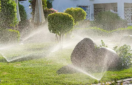 An irrigation system watering a lawn and lush landscape