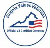 Circle enclosing the words Virginia Values Veterans, an outline of Virginia state, an American flag, and the words Official V3 Certified Company.